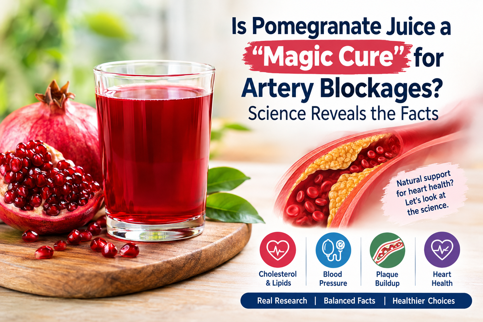 Pomegranate juice and whole pomegranate beside an artery illustration showing plaque buildup, highlighting what science says about pomegranate juice and blocked arteries.